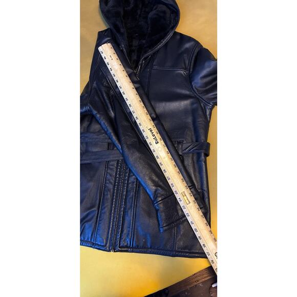 Wilsons Blk Leather Sz XL Longer Faux Fur Lined Reversible Pockets Tie Full Zip - Picture 8 of 13